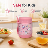 Pink unicorn Misanbroo kids insulated food jar — 304 food-grade stainless steel, BPA-free food-grade materials — shown with pasta and fruit
