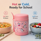 Pink unicorn Misanbroo kids insulated food jar keeps food hot up to 6 hours and cold up to 8 hours — shown with warm soup and cold yoghurt