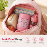 Leak-proof pink unicorn Misanbroo kids insulated food jar packed inside a pink school bag with a lunch box, drink bottle and school books