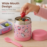 Wide-mouth pink unicorn Misanbroo kids insulated food jar open with pasta and berries inside — easy to fill and eat for school lunch