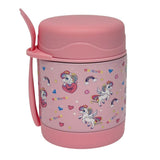 Pink unicorn 300ml kids insulated food jar from Misanbroo NZ — all-pink wrap with unicorns, rainbows and hearts, folding spoon included