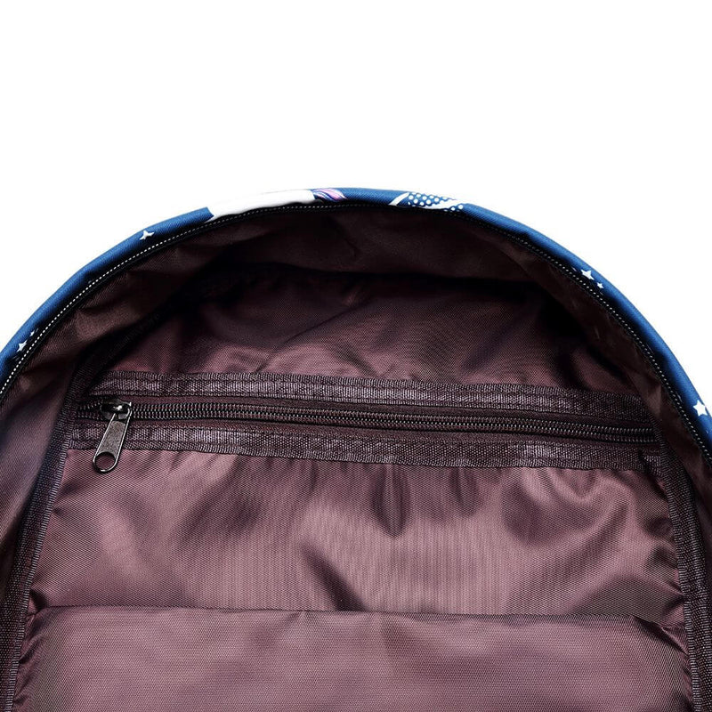 Inner pocket of blue unicorn kids school backpack – zip compartment for small school essentials.