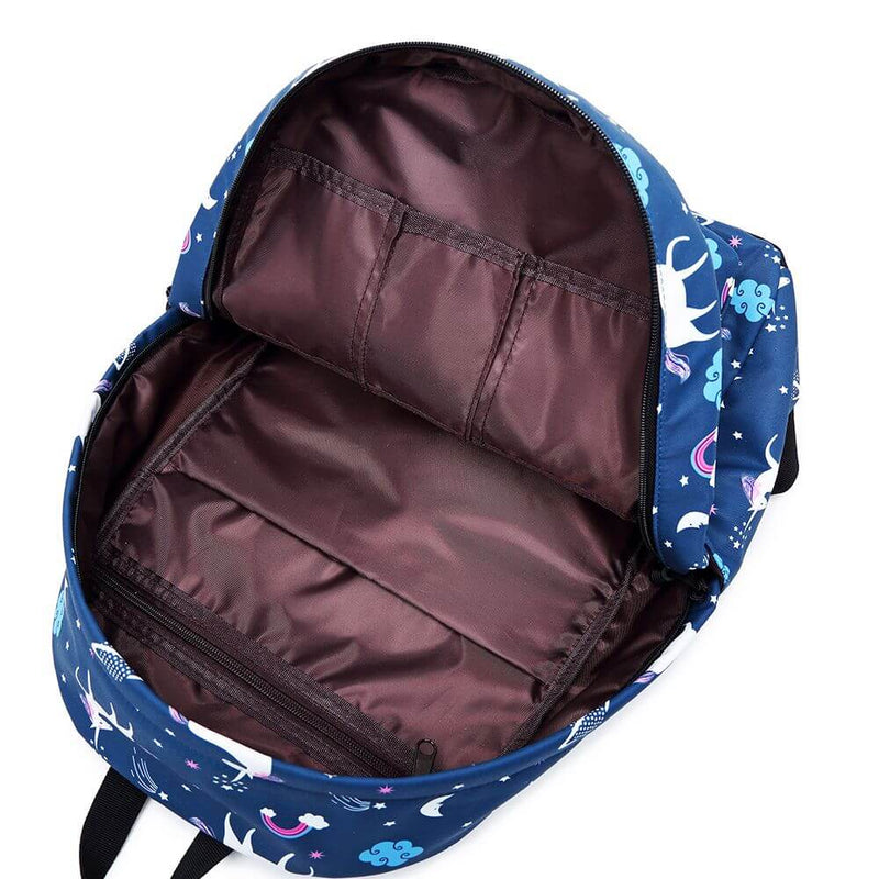 Interior view of blue unicorn school backpack – spacious kids school bag NZ with multiple compartments.