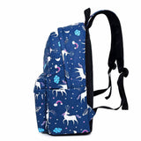 Happy Kid blue unicorn school bag side profile – lightweight kids backpack with unicorn pattern.