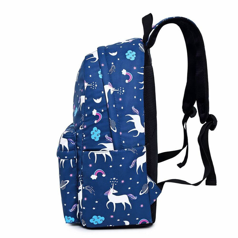 Happy Kid blue unicorn school bag side profile – lightweight kids backpack with unicorn pattern.