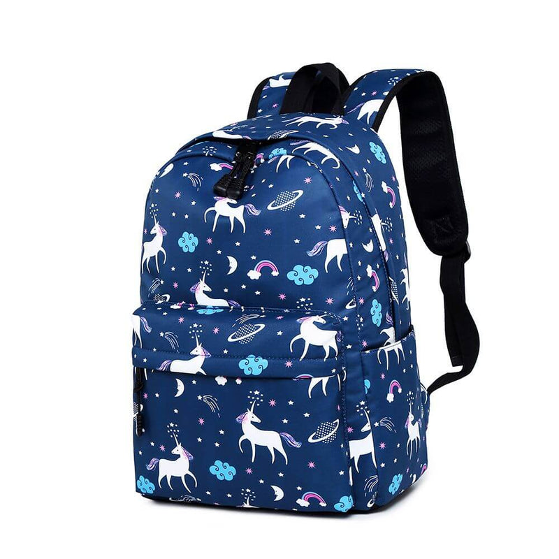 Blue unicorn kids school backpack NZ side view – girls school bag with stars and rainbow print.