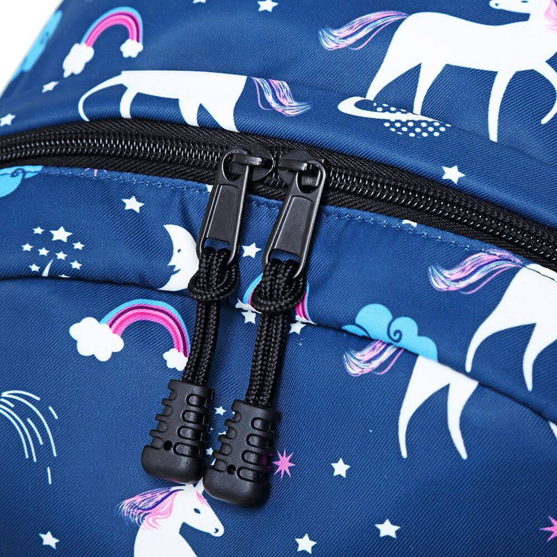 Close-up of double zipper on Happy Kid blue unicorn school backpack – durable kids school bag design.