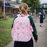 Pink unicorn school bag worn by a New Zealand primary school student