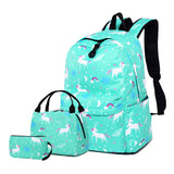 Mint green unicorn school backpack set – 3-piece kids school bag NZ with lunch bag and pencil case, cute girls backpack.
