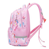 School bag side view showing mesh bottle pocket and unicorn keychain