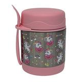 Silver unicorn 300ml kids insulated food jar from Misanbroo NZ — stainless steel body with unicorns, rainbows and magic hearts, pink lid