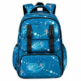 Teal blue kids school backpack with astronaut space galaxy print, multi-pocket design, lightweight and durable for primary school students in NZ