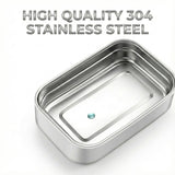 Close-up detail of the empty food tray highlighting the durable and safe high-quality 304 stainless steel material.