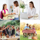 Lifestyle collage showing the beige insulated lunch bag being used for school kids, office work, and outdoor family picnics.