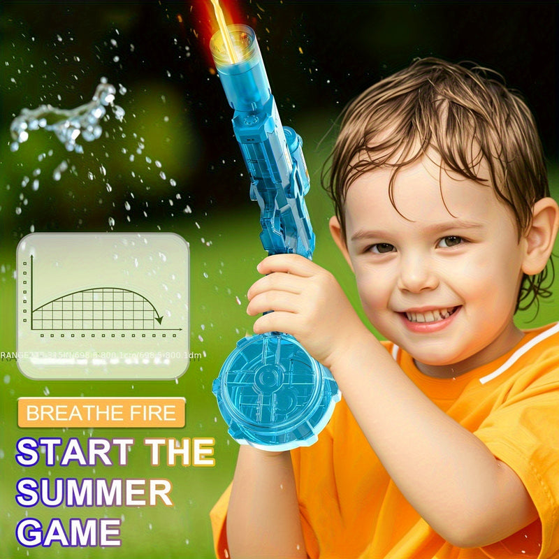 Child holding a blue water gun with water spraying, set against a green background.