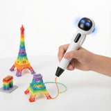 Child holding a cordless kids 3D printing pen creating colorful filament designs on a white surface