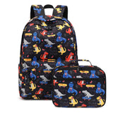 Kids dinosaur backpack with matching lunch bag set, black school bag with colourful dinosaur print for preschool and primary school
