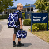 football school bag set kids NZ backpack and lunch box blue soccer design primary school