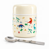 Dinosaur cream 300ml kids insulated food jar from Misanbroo NZ - cream body with T-rex, stegosaurus, pterodactyl and volcano print, folding stainless steel spoon included