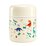 Dinosaur cream 300ml kids insulated food jar from Misanbroo NZ - cream body with T-rex, stegosaurus, pterodactyl and volcano print