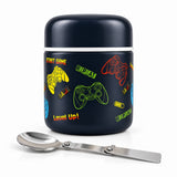 Gamer navy 300ml kids insulated food jar from Misanbroo NZ - navy body with colourful game controllers, Start Game and Level Up print, folding stainless steel spoon included