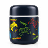 Gamer navy 300ml kids insulated food jar from Misanbroo NZ - navy body with colourful game controllers, Start Game and Level Up print