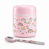 Rainbow pink 300ml kids insulated food jar from Misanbroo NZ - pink body and lid with painted rainbows, rain clouds, hearts and stars, folding stainless steel spoon included