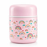 Rainbow pink 300ml kids insulated food jar from Misanbroo NZ - pink body and lid with painted rainbows, rain clouds, hearts and stars