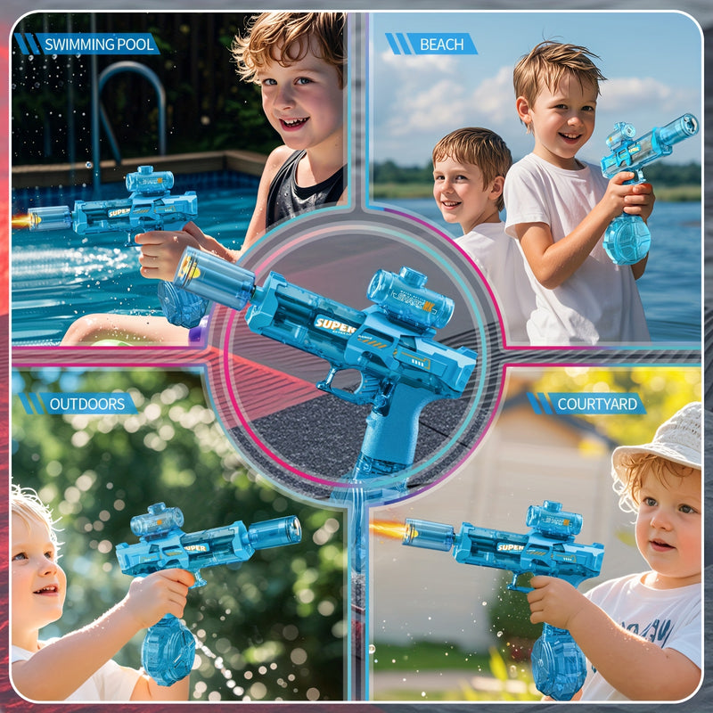 Children playing with blue water guns in various outdoor settings.