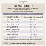 Find the right kids school shoe size using foot length, HappyKid size guide with UK US EU chart and comfort allowance for accurate fit