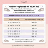 Find the right kids shoe size using foot length, HappyKid size guide with UK US EU chart and built-in comfort allowance for accurate fit
