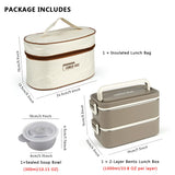Size dimensions and package contents diagram for the 2-layer bento box, insulated bag, and 300ml sealed soup bowl.