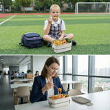Split image showing a young girl eating at school and a woman eating at the office, demonstrating the lunch box is suitable for both kids and adults.