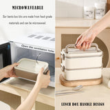 Demonstration of microwave-safe lunch box feature showing how to open the ventilation hole before heating, plus the portable carrying handle design.