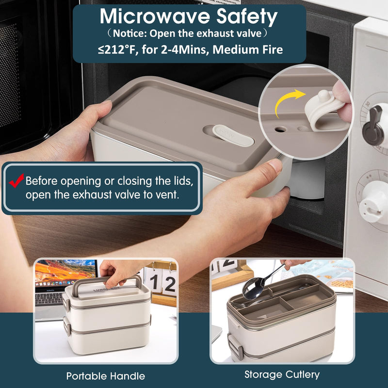Guide on how to use the stainless steel bento box in a microwave, emphasizing opening the silicone exhaust valve before heating for safety.