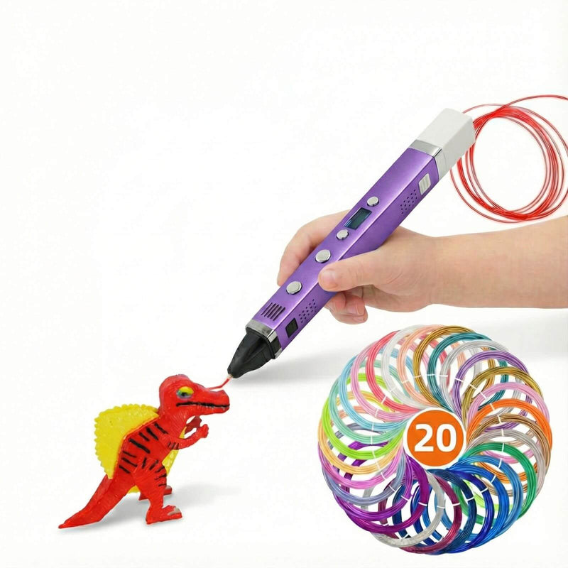 Myriwell purple 3D printing pen drawing a red dinosaur with 20 color filaments
