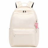 Beige New Classic school backpack for girls and teens with pink cat charm, front view - Happy Kid NZ