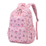 Angled view of pink school backpack showing main compartment and front pocket