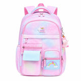 Pink pastel galaxy school backpack for girls with unicorn charm — front view, Happy Kid NZ