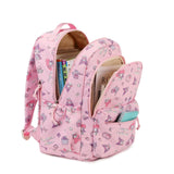Pink school backpack with multiple zip compartments for books and stationery