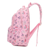 Side view of pink school backpack with elastic bottle pocket