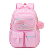 Pink sequin school bag for girls with pom-pom charm — front view, Happy Kid NZ