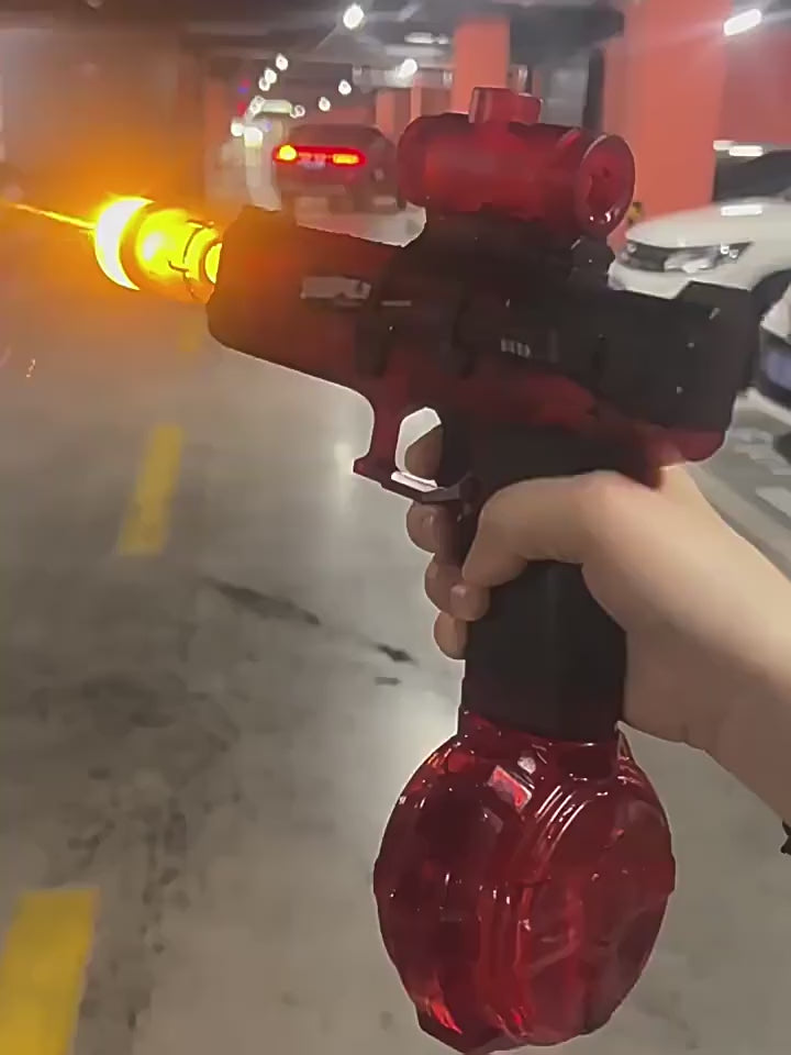Customer video review demonstrating the grey tactical electric water gun. The video shows the realistic LED 'fire' muzzle flash effect, the automatic recoil action during shooting, and confirms the easy assembly process.