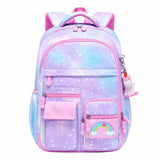 Purple pastel galaxy school backpack for girls with unicorn charm — front view, Happy Kid NZ