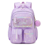 Purple sequin school bag for girls with pom-pom charm — front view, Happy Kid NZ