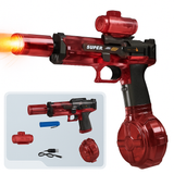 Red tactical electric water gun set with transparent casing, displaying the realistic LED fire effect silencer, drum mag, and battery components.