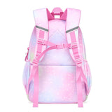 School backpack back view — padded mesh straps, chest clip and reflective strips