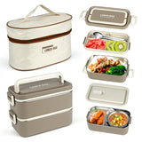 Complete set of beige 2-tier stainless steel bento lunch box with insulated bag, showing stacked containers and open trays filled with food and a soup bowl.