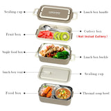 Exploded view diagram showing the structure of the stainless steel lunch box layers, sealing caps, and thermal soup bowl.