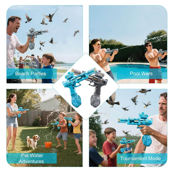 Lifestyle collage showing kids, adults, and families enjoying electric water gun battles at beach parties, swimming pools, and backyard garden games.
